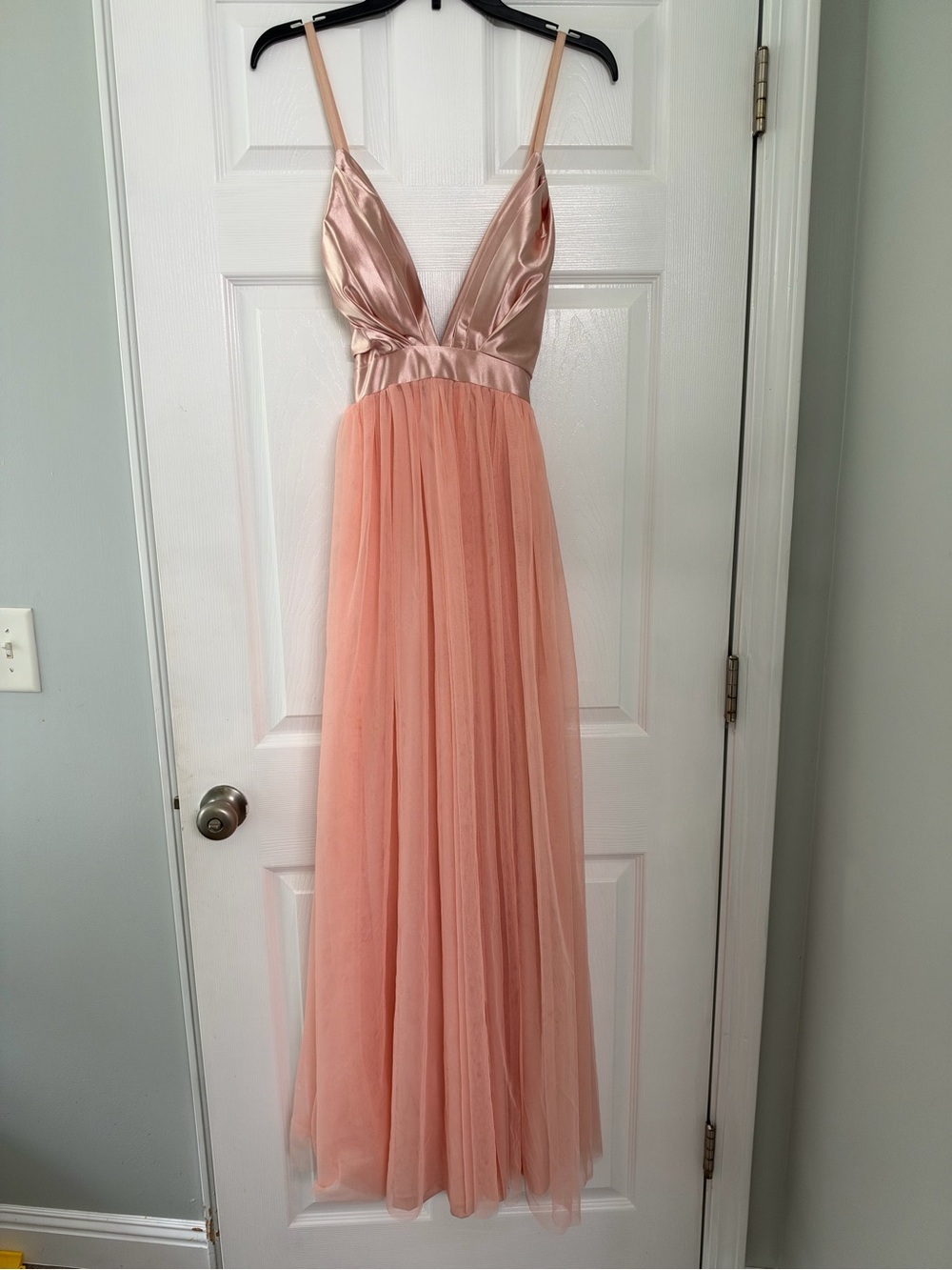 Haute Monde Peach Satin Bodice Tulle Maxi Dress